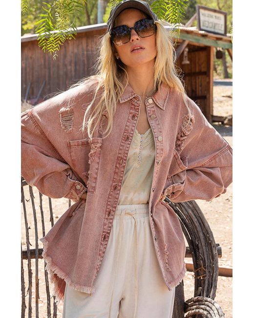 TRUEDAMES Pink Button Down Raw Hem Distressed Shacket