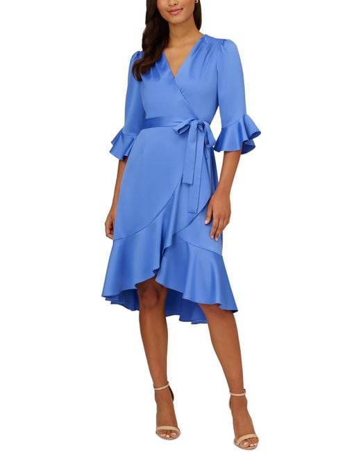Adrianna Papell Blue Pleated Polyester Wrap Dress