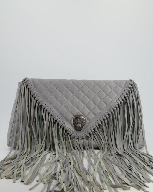 Thomas Wylde Gray Fringed Quilted Clutch Bag With Skull Gunmetal Hardware