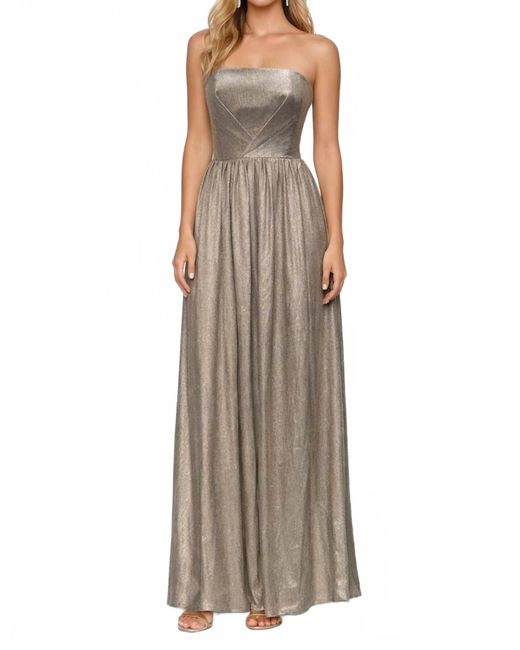 gold show choir dresses Nisha Metallic Draped Sleeve Gown - Oro Gold Strapless Metallic Puff Sleeve  Gown