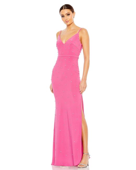 Mac Duggal Pink Rhinestone Embellished V-neck Gown