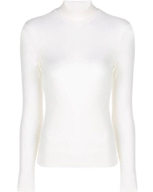 Theory White Thin Ribbed Turtle Mock Neck Top Ivory