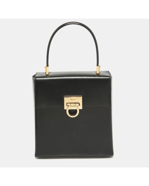 Ferragamo Black Leather Gancini Top Handle Bag