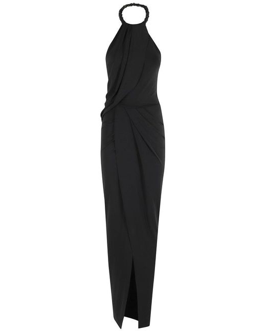 Amen Black Maxi Dress With American Torchons And Draped Design