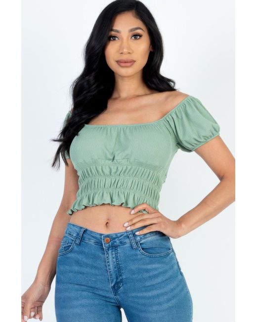 TRUEDAMES Green Casual Ruched Puff Sleeve Ribbed Knit Solid Top
