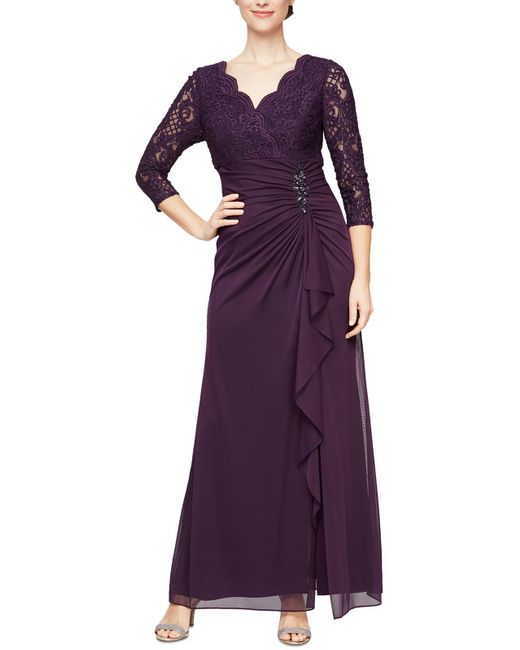 Alex Evenings Purple Lace-bodice Cascade-ruffle Gown