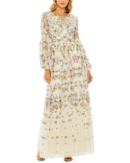 Mac Duggal Metallic High Neck Floral Embroidered Puff Sleeve Gown