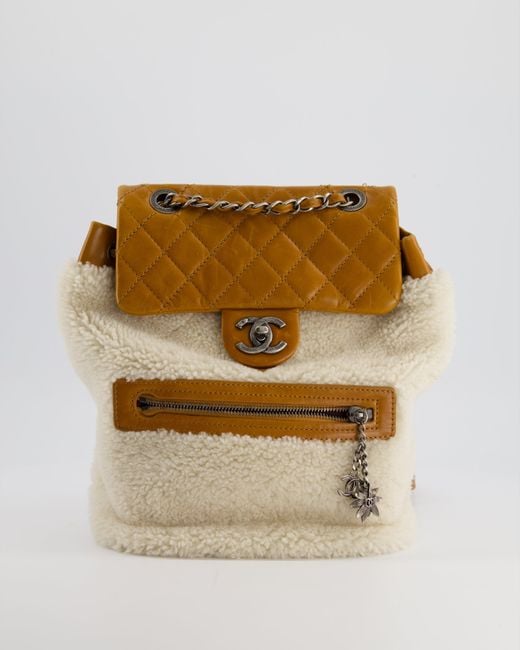 Chanel Natural And Caramel Shearling And Calfskin Leather Backpack With Ruthenium Hardware And Charm Zips