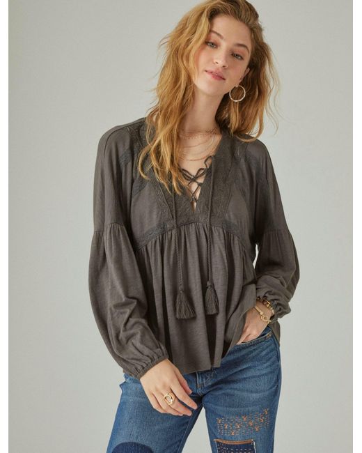 Lucky Brand Gray Lace Up Trim Peasant Top