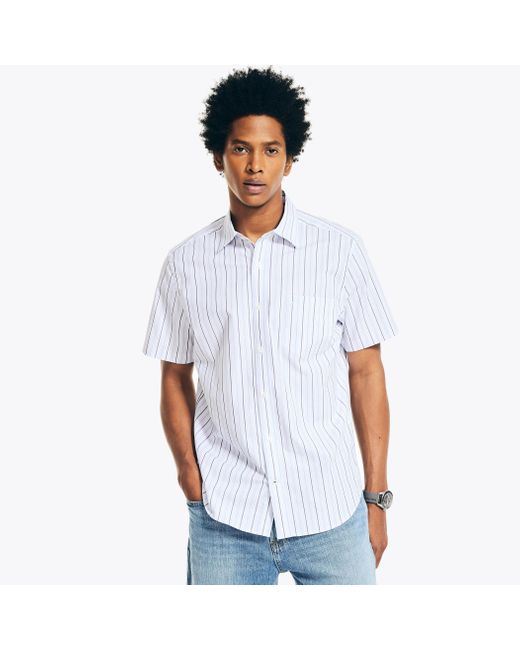 Nautica White Wrinkle-resistant Striped Wear To Work Short-sleeve Shirt for men