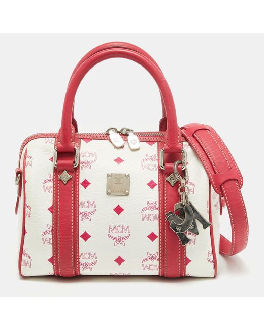 MCM Red Visetos Coated Canvas And Leather Charm Boston Bag