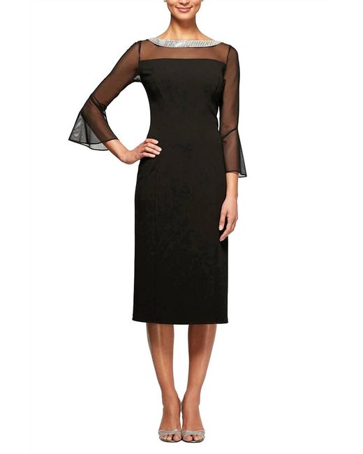 Alex Evenings Women's Black Embellished Boat Neck Bell Sleeves Midi Dress