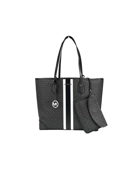 Michael Kors Black Eva Large Stripe Travel Tote Bag Plus Pouch