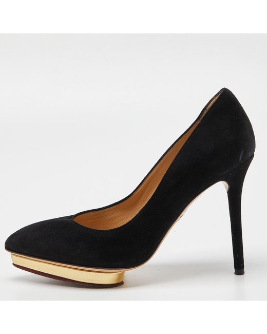 Charlotte Olympia Black Suede Dotty Platform Pumps
