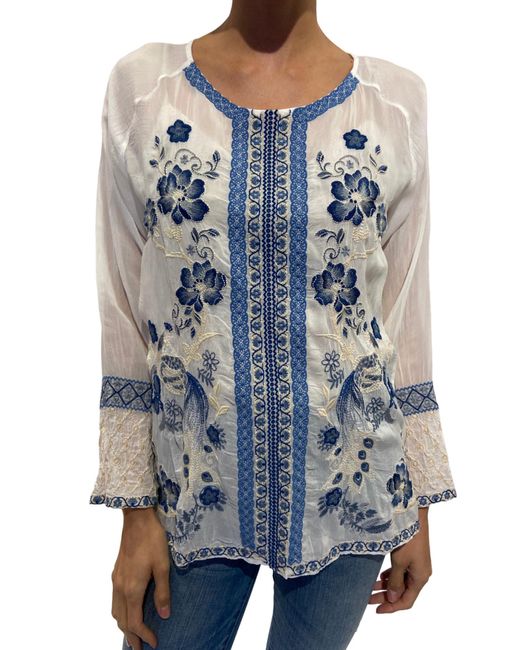 Johnny Was Blue Lauren Embroidered Blouse