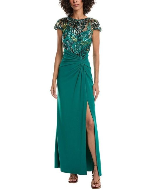 Tadashi Shoji Women's Green Eleonora Draped Sequin Illusion Gown