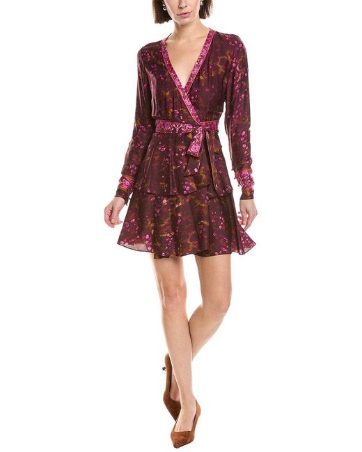 Marchesa Red Printed V-Neck Mini Wrap Dress