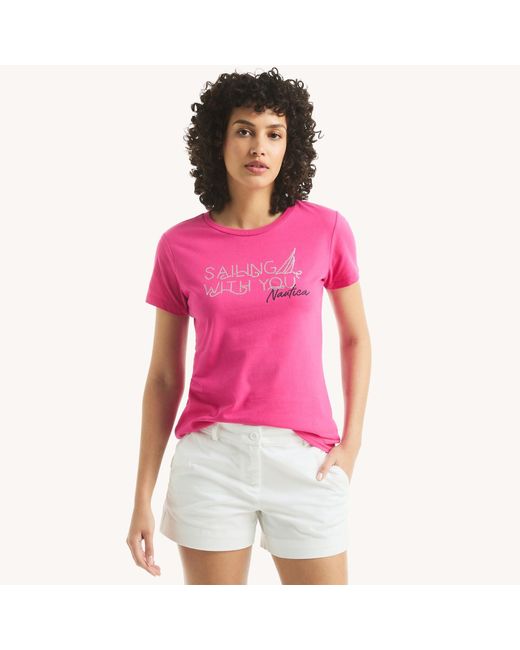Nautica Pink Sequin Sailing With You Graphic T-Shirt