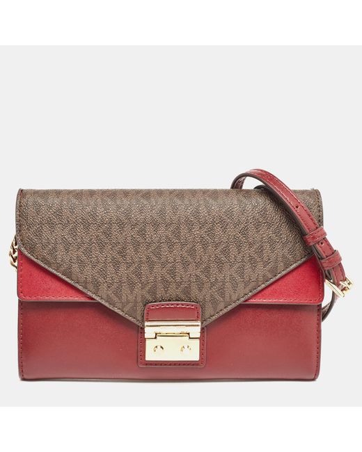 Michael Kors Red /brown Signature Coated Canvas And Leather Chain Clutch