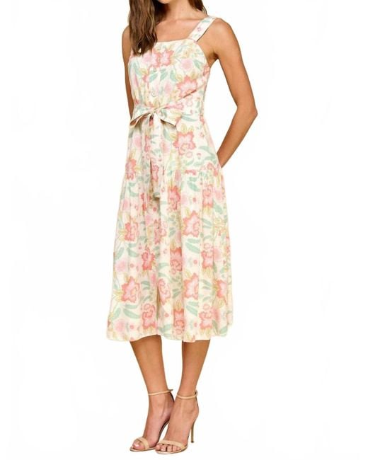 TCEC Natural Floral Print Button Down Flowy Hem Midi Dress