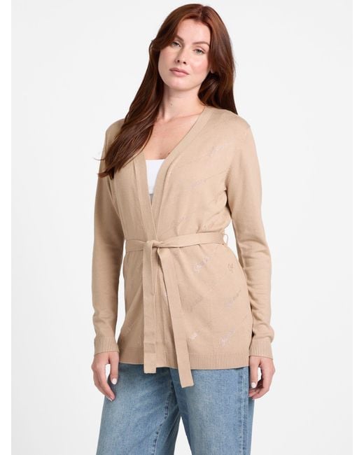Guess Peggy Logo Rhinestone Cardigan in Natural | Lyst