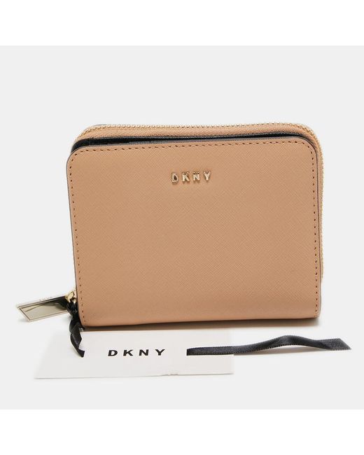 DKNY Natural Beige Saffiano Leather Zip Around Compact Wallet