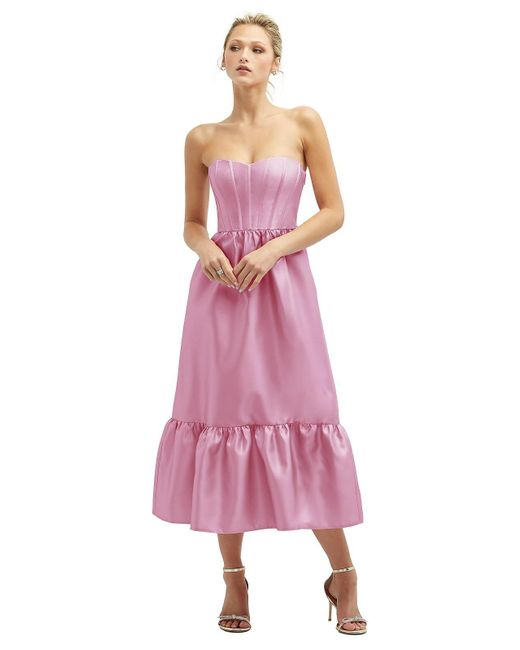 Dessy Collection Pink Strapless Satin Midi Corset Dress With Lace-up Back & Ruffle Hem