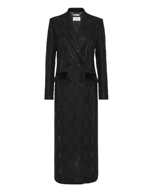 Philipp Plein Black Maxi Coat Strass Monogram