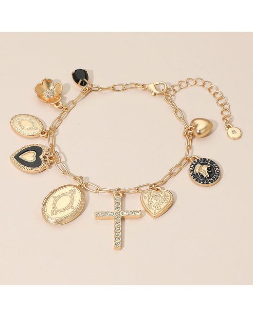 Fashnzfab Natural Stone Paved Cross Oval Locket Heart Coin Medallion Charm Station Paperclip Chain Bracelet, Matte