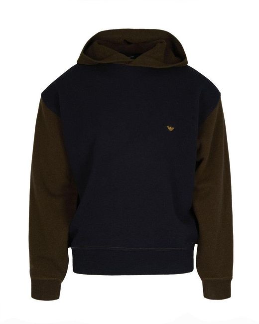 Emporio Armani Blue Colorblock Wool Hoodie With Ribbed Details And Eagle Embroidery for men