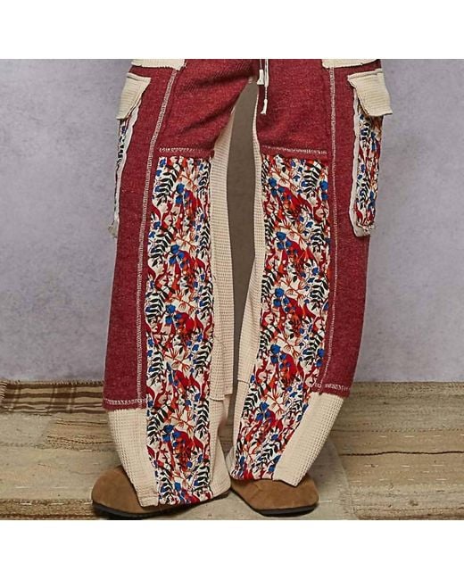 Pol Red Contrast Thermal Knit Patchwork Pants