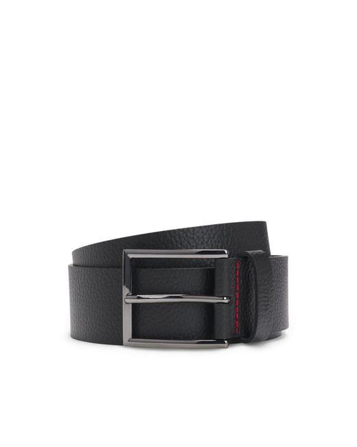 HUGO Black Grained-Leather Belt With Branded Keeper for men