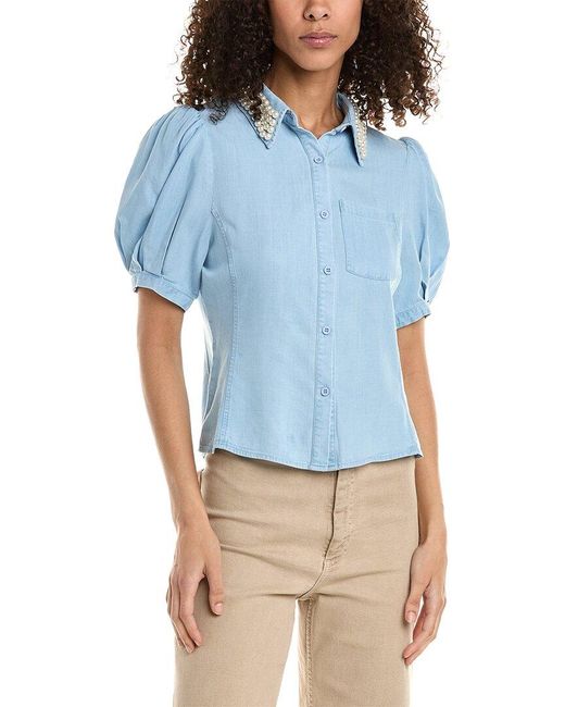 Stellah Blue Pearl Embellished Button-down Top
