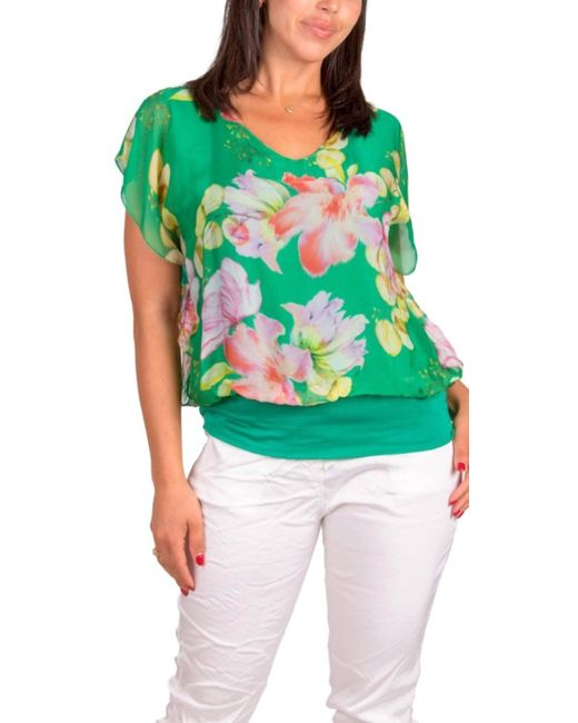 Gigi Moda Green Amante Fiore Banded Silk Top