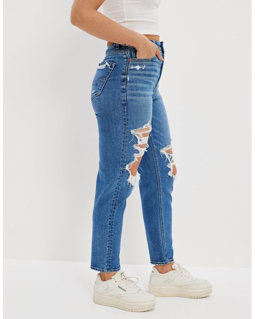 American Eagle Outfitters Blue Ae Stretch Ripped Curvy Mom Jean