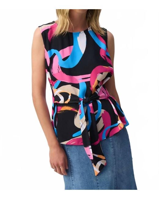 Joseph Ribkoff Blue Brushstroke Print Waist Sash Sleeveless Top
