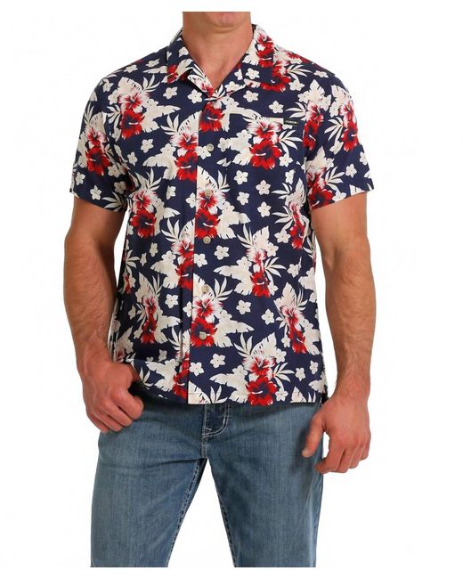Cinch Blue Button Down Tropical Camp Shirt for men