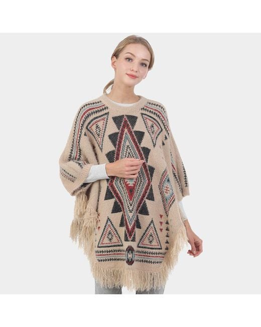 TRUEDAMES Brown Boho Patterned Fringe Poncho