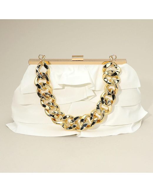 Fashnzfab Metallic Faux Leather Layered Ruffle Chunky Chain Strap Handle Evening Clutch Bag Crossbody Bag