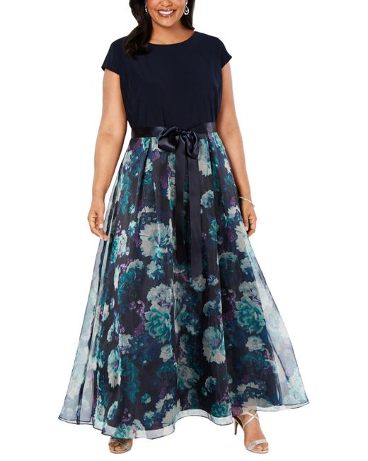 SLNY Blue Plus Floral Cap Sleeve Formal Dress