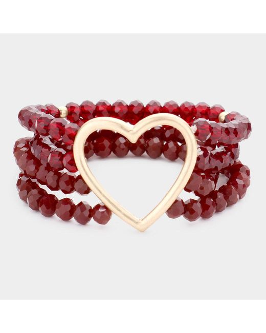 Fashnzfab Open Metal Heart Accented Multi Layered Faceted Beaded Stretch Bracelet