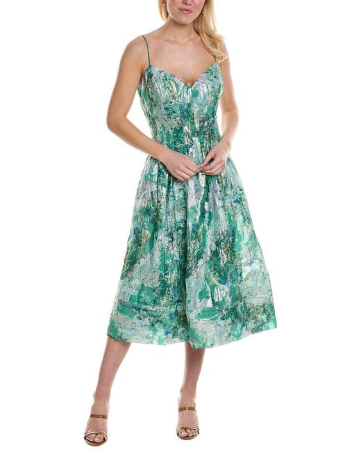 ML Monique Lhuillier Green Sage Jacquard Midi Dress