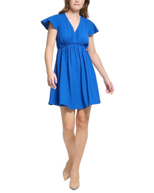 Calvin Klein Blue Flutter Sleeve Short Fit & Flare Dress
