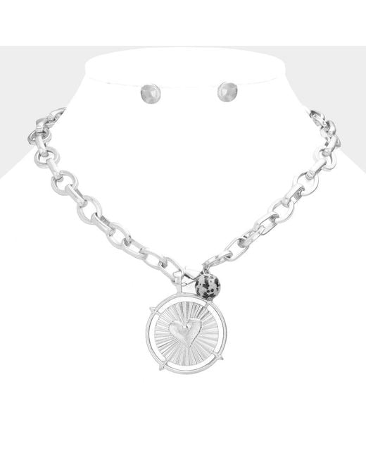 Fashnzfab Women's Metallic Heart Accented Metal Round Natural Stone Pendant Necklace