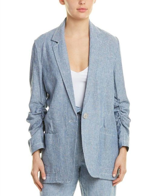 Max Studio Blue Striped Linen Blend One-Button Blazer