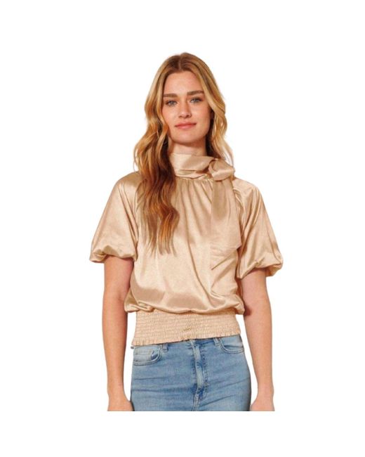 TRUEDAMES Brown Waist Smocked Solid Satin Blouse