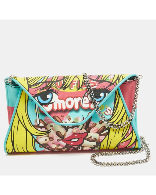 Moschino Blue Color Coated Canvas And Leather Smores Chain Clutch