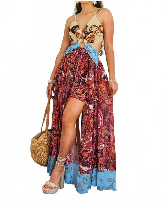 SurelyMine Women's Red Boho Patchwork Cutout Maxi Dress With Side Slit