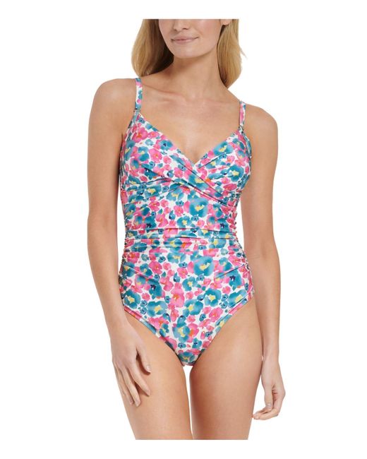 Calvin Klein Floral Tummy Control One piece Swimsuit in Blue Lyst