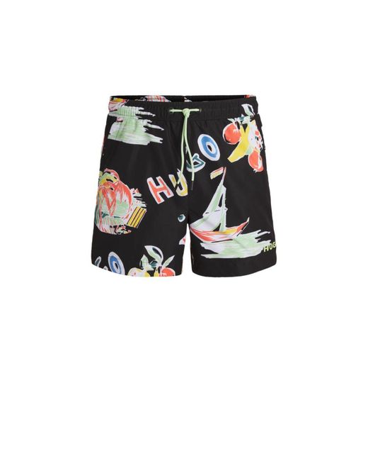 HUGO Black Fully Lined Swim Shorts With Seasonal Print for men